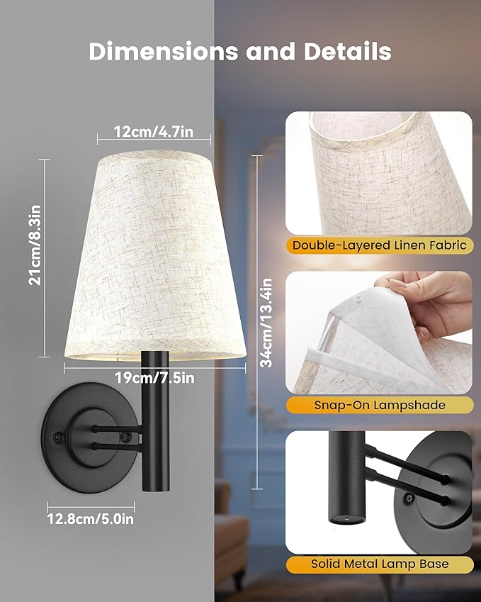 Rechargeable Battery Operated Wall Sconce Set of 2, Wireless LED Wall Lights with Remote & Touch Control, Wall Mounted Lamp Lighting Fixtures Decor for Bedroom Living Room, Matte Black