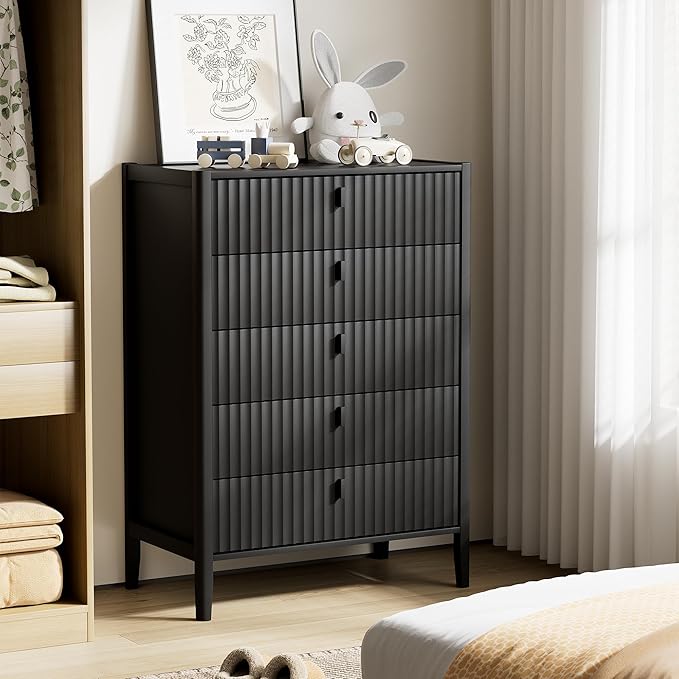 Black 5 Drawer Dresser, 31.5" Wide White Modern Dresser with Fluted Front & Metal Handles for Bedroom, Living Room