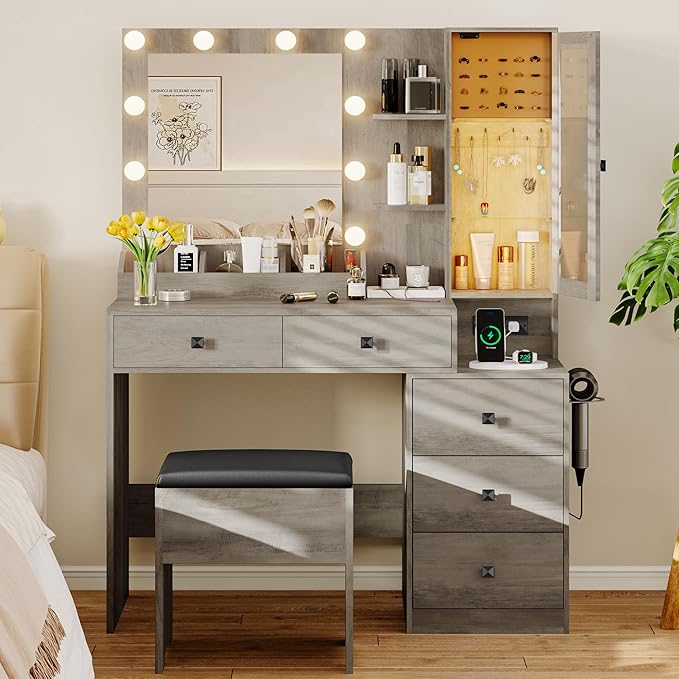 Vanity Desk with Mirror and Lights, Makeup Vanity Table Set with 5 Storage Drawers, Power Outlet & Chair, Small Dressing Table with RGB Ambient Light, Adjustable Brightness for Girls Bedroom, Grey