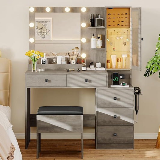 Vanity Desk with Mirror and Lights, Makeup Vanity Table Set with 5 Storage Drawers, Power Outlet & Chair, Small Dressing Table with RGB Ambient Light, Adjustable Brightness for Girls Bedroom, Grey
