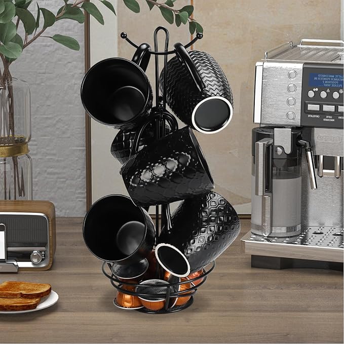 Schliersee 16 OZ Black Coffee Mugs Set of 6, Geometric Pattern Porcelain Coffee Cups for Latte, Hot Tea, Cappuccino, Mocha, Cocoa, Espresso cups, 500ML