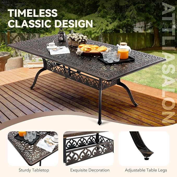 9-Piece Cast Aluminum Outdoor Dining Set Retro Patio Dining Set for 8 Includes 86.6’’ Rectangular Table and 8 Chairs with Removable Cushion and Umbrella Hole for Patio Deck Garden Porch