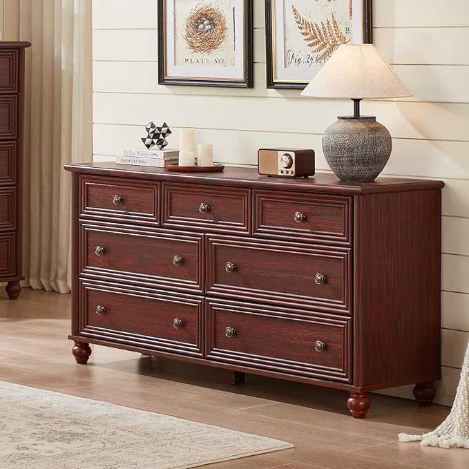 7 Drawers Dresser for Bedroom, Farmhouse 54" Wide Wood Dressers Chest of Drawers, Vintage Design TV Stand, Rustic Storage Dresser Organizer with Metal Handle Closet for Living Room, Hallway