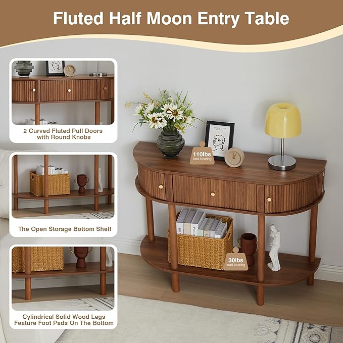 43.3“ Fluted Half Moon Console Table, Modern Entryway Console Sofa Table with Storage, Narrow Wood Accent Tables Behind Couch Tables for Living Room, Hallway, Foyer(Walnut)
