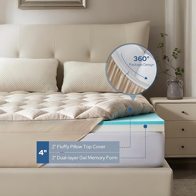 Bedlore 4-Inch California King Mattress Topper for Back Pain - Dual Layer Medium Support (2" Gel Memory Foam + 2" Cooling Fluffy Pillow Top Pad), Breathable & Pressure Relief (Beige)