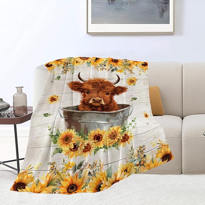 Highland Cow Sunflower Blanket Cow Throw Blankets Cozy Fleece Flannel Blanket Bedding Highnald Cow Gifts for Men Women Boys Girls Kids Teens for Couch Sofa Bed Decor 50"X60"