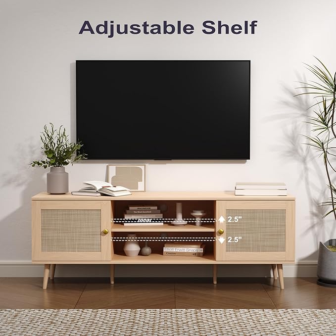 Rattan TV Stand for 55/60/65/70 inch TV, Boho 59" Entertainment Center with Storage, Modern Mid Century Media Console with Rattan Doors and Adjustable Shelf, Wood TV Stand for Living Room, Oak
