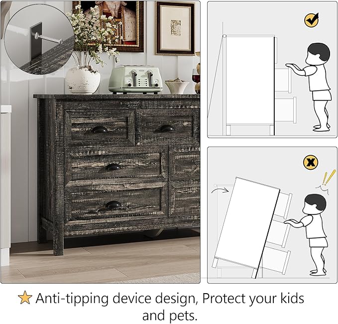 Dresser for Bedroom, Modern Black Dresser with 7 Drawers, Wide Chest of Drawers with Metal Handles,Wood Double Storage Cabinet for Living Room, Bedroom, Hallway