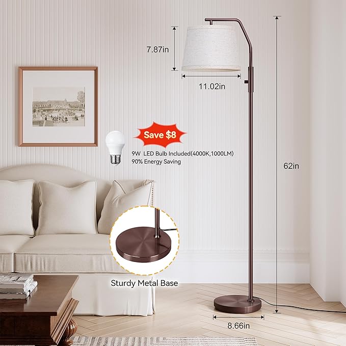 SUNMORY Floor Lamps for Living Room, 9W Bulb Included, Lamp for Bedroom with Adjust Head, Standing Lamp with Rotary Switch, 0-100% Dimmable Floor Lamp for Living Room Bedroom Office Nursery, Brown.