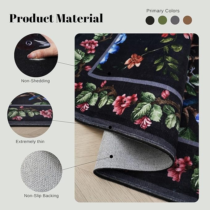 Runner Rug for Kitchen 2'6"x8' Washable Rugs with Rubber Backing Soft Floral Bird Magpies Floral Animal Carpet Runner for Kitchen, Laundry, Bedroom, Bathroom (Black)