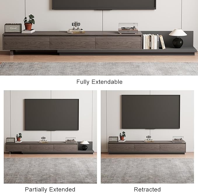 Adjustable TV Stand with 3 Drawers - Mid-Century Modern Extendable Entertainment Center for Living Room or Bedroom(78.7–130"), Stylish Black Walnut Media Console