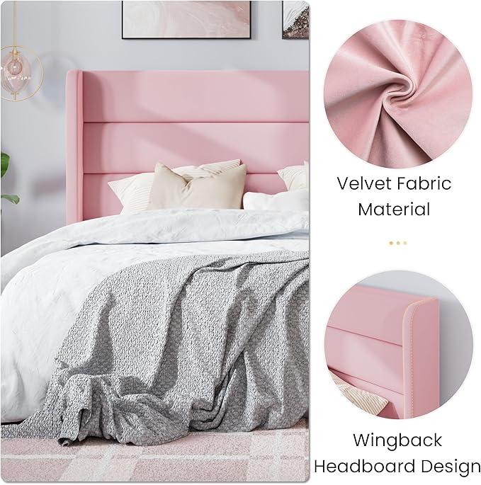 SHA CERLIN Queen Size Velvet Bed Frame/Vertical Channel Tufted Wingback Headboard/Upholstered Platform Bed with Wooden Slats/Mattress Foundation/No Box Spring Needed/Easy Assembly/Pink