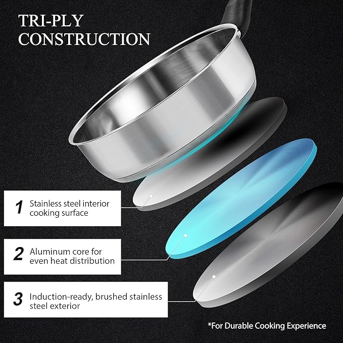 Stainless Steel Cookware Set, 12-Piece Pots and Pans Set, Induction Kitchen Cookware Set with Stay-Cool Handles, Non-Toxic, Dishwasher Safe & Suitable for All Cooktops, Black