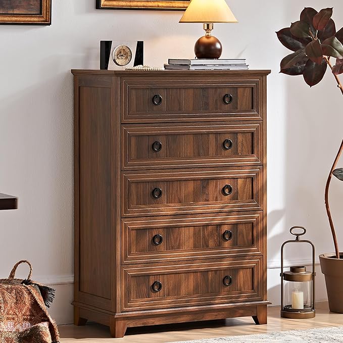 Farmhouse 5 Drawer Dresser for Bedroom Set of 2, 42.5" Tall Small Dressers & Chest of Drawers, Rustic Wood Dresser with Metal Handle, Storage Organizer Closet for Living Room, Hallway,Entryway