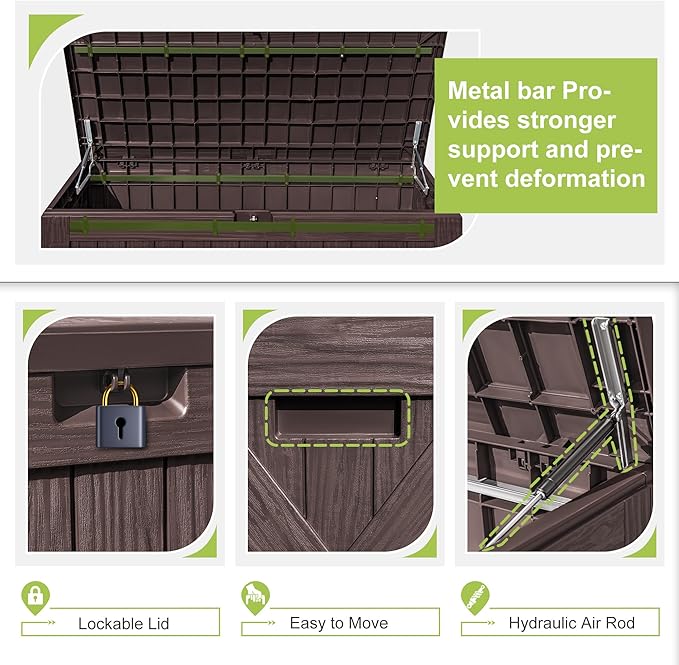 Greesum 120 Gallon Deck Box, Resin Outdoor Storage Container for Patio Furniture, Garden Tools, Pool Accessories, Weatherproof, Lockable, Brown
