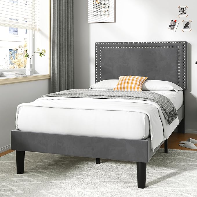 VECELO Twin Size Platform Bed Frame with Adjustable Upholstered Headboard, Strong Wood Slat Support, No Box Spring Needed, Easy Assembly