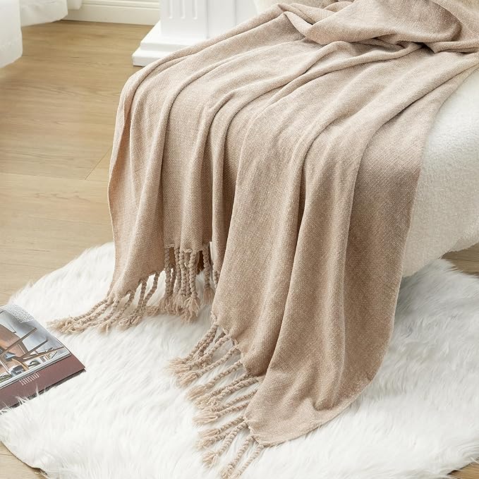 BATTILO HOME Beige Chenille Throw Blanket for Couch, Decorative Fringe Velvety Khaki Tan Throw Blanket for Sofa Home Decor, 50"x60"