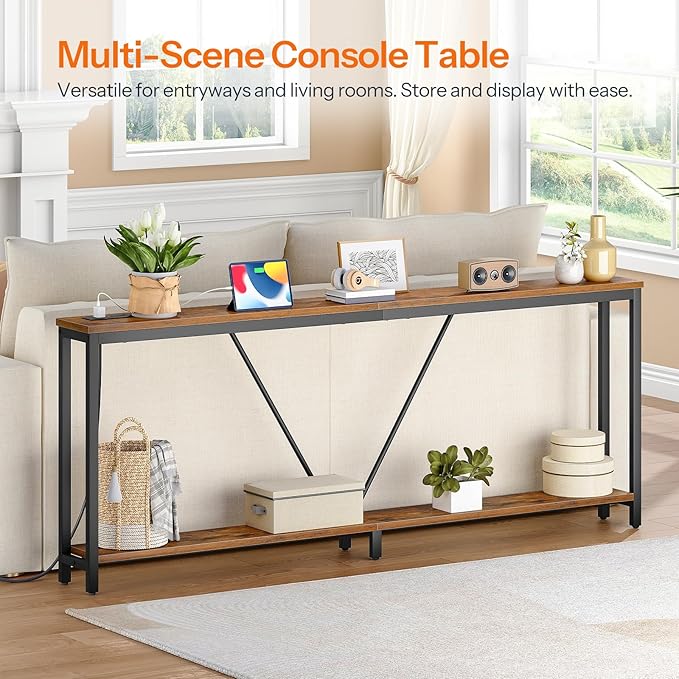 HOOBRO 78.7" Extra Long Sofa Console Table with Charging Station, 2-Tier Behind Couch Table with V-Brace, for Narrow Entryway, Hallway, Living Room, Rustic Brown BF206UXG01