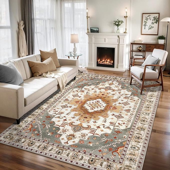 Tangsoo 5x7 Area Rug Washable Rugs for Living Room, Vintage Indoor Non Slip Large Area Rugs, Print Distressed Turmeric Carpet, Soft Low Pile Rug Foldable Floor for Bedroom Dining Room Dorm