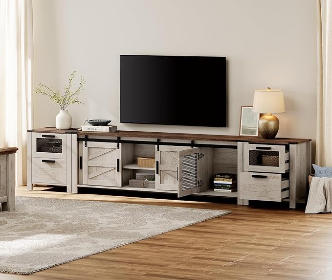 WAMPAT TV Stand Set for 85 inch TV with Charging Station, 3 in 1 Wood Entertainment Center TV Console Table for Living Room, Antique Oak