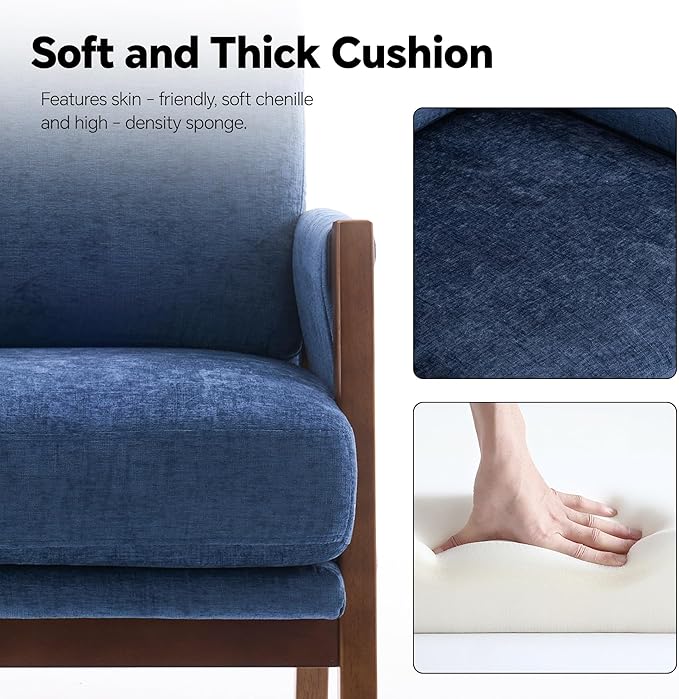 Mid Century Modern Accent Chair with Wood Frame, Upholstered Living Room Chairs with Wide Armrest, Chenille Fabric Lounge Reading Arm Chair for Bedroom, Reading Room, Balcony, Navy