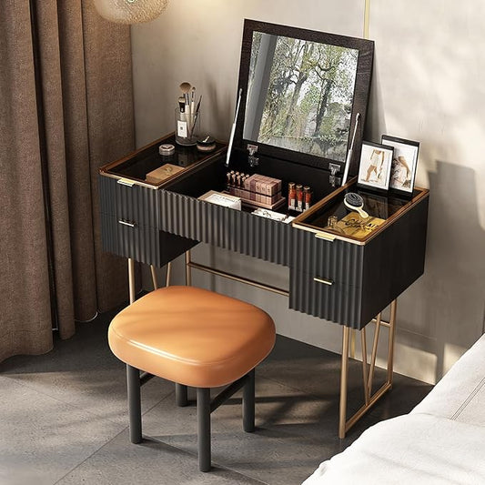 Lartis Flip Top Vanity Table Stylish Makeup Vanity with Stool, Makeup Vanity Desk, Reversible Makeup Mirror, Hidden Storage Compartment,Very Easy to Assemble