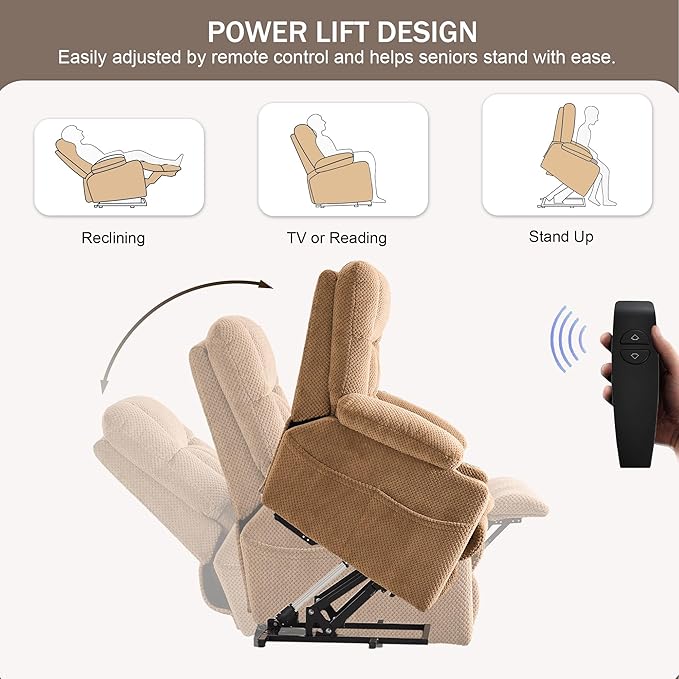 SALOHZA Power Lift Recliner Chair for Elderly with Massage and Heat for Living Room, Electric Recliner Chair for Adults with USB/Type C Port/Cup Holders, Velvet Fabric, Beige