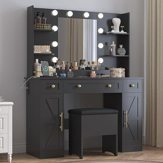 Vanity Desk with Mirror & Lights, Makeup Vanity Table with Charging Station, 3 Lighting Modes, Large Storage Space with Drawers and Shelves, Elegant White Vanity Set for Bedroom Dressing Room