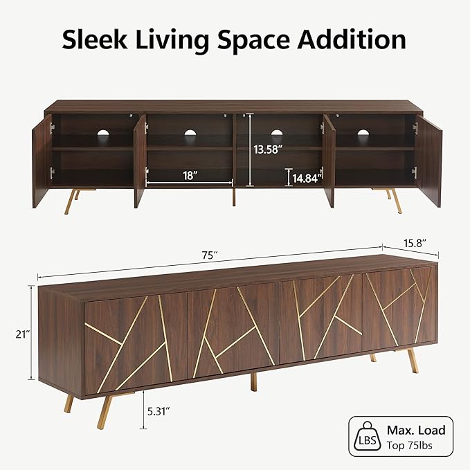 75" Modern TV Stand for TV, Wood Entertainment Center with Storage Cabinet, Media TV Console for Living Room and Bedroom, Dark Walnut