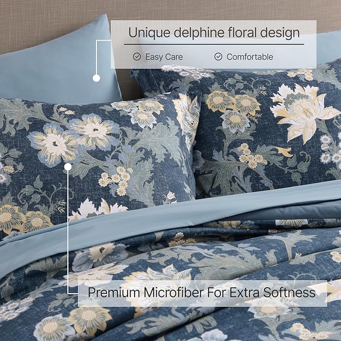 Queen Comforter Set -7 Pieces Floral Navy Blue Comforter Set for All Seasons, Bed in a Bag Queen with Botanical Flowers Comforter, Sheets, Pillowcases & Shams