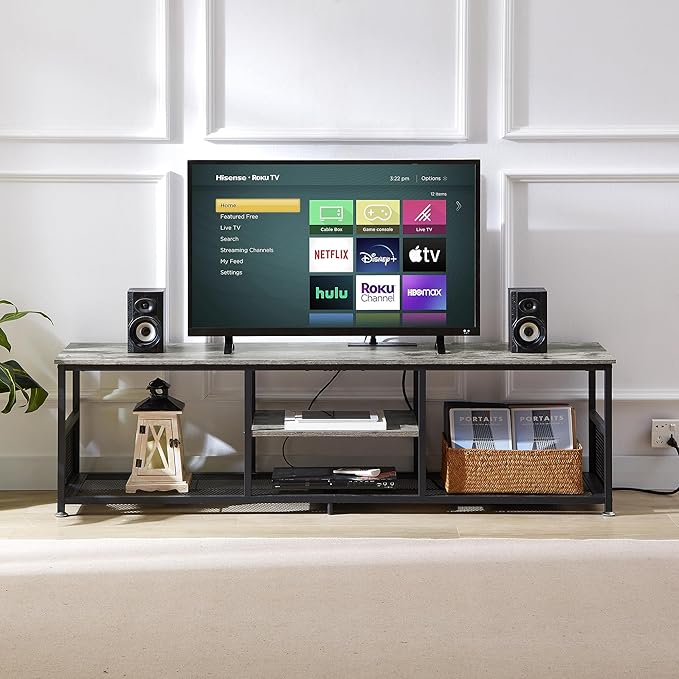 VECELO TV Stand with Power Outlets for Televisions up to 80Inch, 70" Media Entertainment Center with Charging Station 3-Tier Open Storage Shelves with Metal Frame for Living Room/Bedroom，Grey