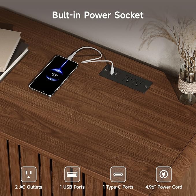 63-Inch TV Stand for TVs up to 75 Inch, Mid-Century Modern Television Stand with Power Outlet， Entertainment Center with Sliding Grille Door Cabinets and Open Shelves for Living Room, Walnut