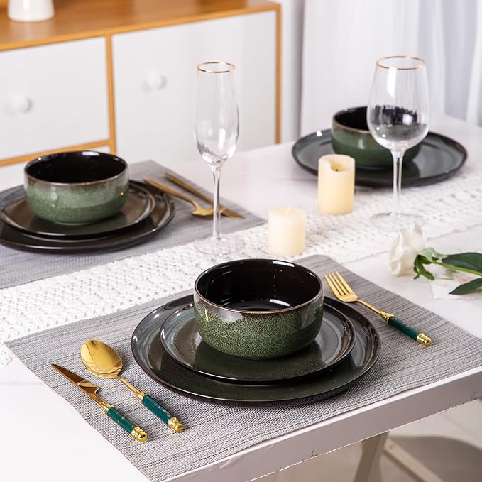 LeRatio Ceramic Dinnerware Sets for 6,Porcelain Plates and Bowls Sets,Handmade Reactive Glaze Dishes Set,Chip Resistant and Scratch Resistant | Oven&Dishwasher & Microwave Safe-Green(18PCS)