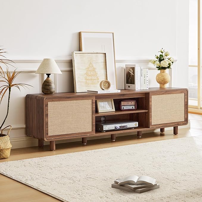 AVZEAR 70'' Mid Century Modern TV Stand for TVs up to 80 Inch, Large Entertainment Center with Storage & Nature Linen Door, Curved Edge TV Console Table Media Console for Living Room Bedroom (Walnut)