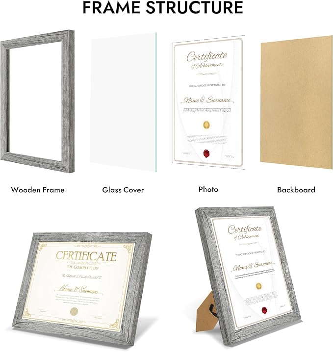 8.5 by 11 Diploma Picture Frame, Made of Real Glass and Wooden Certificate Frame, Horizontal and Vertical Display for Wall or Tabletop (Grey, 1Pack)