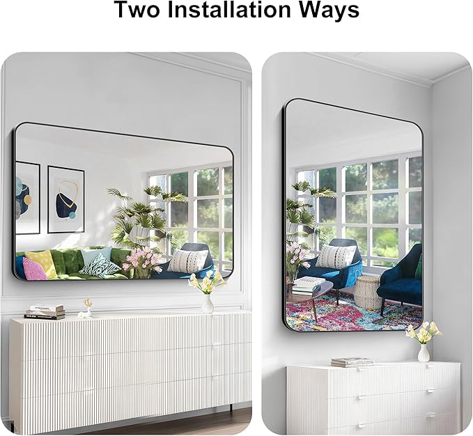 KOCUUY Black Bathroom Mirror 60"x40", Large Vanity Mirror with Rounded Corner, Metal Black Frame with Mordern Design for Bathroom, Living Room, Entryway, Hang Horizontal/Vertical