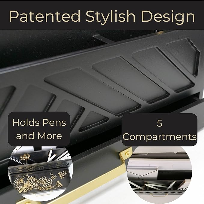 BLU MONACO Black Mail Organizer with Drawer and Gold Handle – Desktop Mail Holder and Office Supplies Storage – Home Office Desk Accessories – Letter Sorter and Paper Organizer