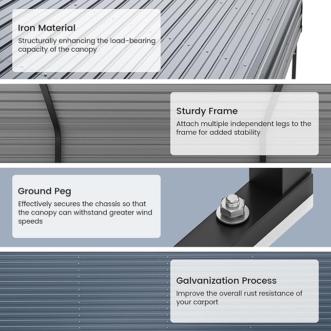 12'x20' Heavy Duty Metal Carport, Outdoor Garage Car Shelter Shade with Heavier Frame, Galvanized Roof for Car and Boats, Grey