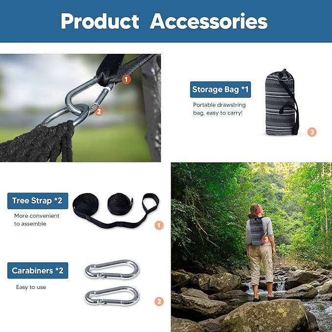 SUNCREAT Hammocks Double Hammock with Curved Spreader Bar, Outdoor Camping Portable Hammock with Carrying Bag & Tree Straps for Patio, Backyard, Balcony, Max 450lbs Capacity, Dark Gray