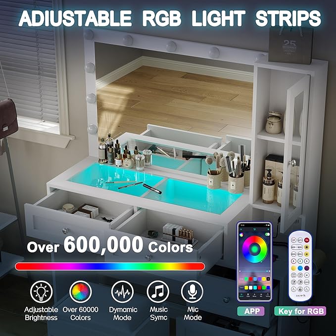 White 43" W Vanity Desk with Mirror & 11 Lights, 3 Drawer & 2 RGB Drawer Modern Makeup Desk with Glass top & Cushioned Stool, 3 Lighting Modes Brightness Adjustable,Power Outlet,Bedroom