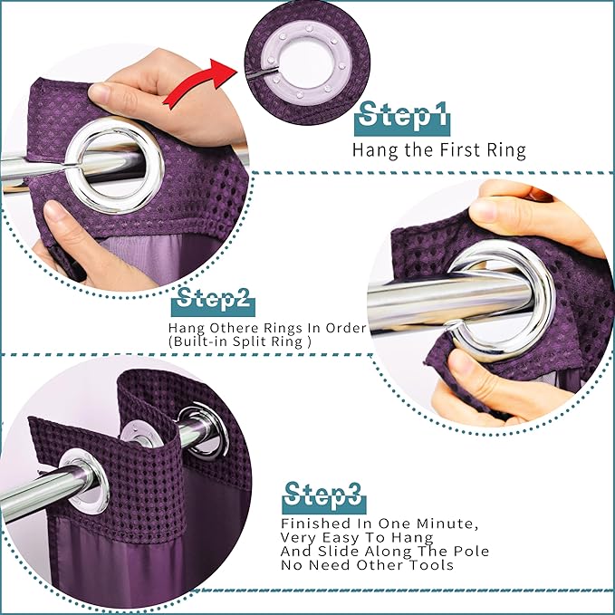 Extra Long No Hook Waffle Weave Shower Curtain with Snap in Liner Set, Hotel Luxury Purple Shower Curtains for Bathroom with See Through Top Window, Waterproof, Washable 71W x 84H