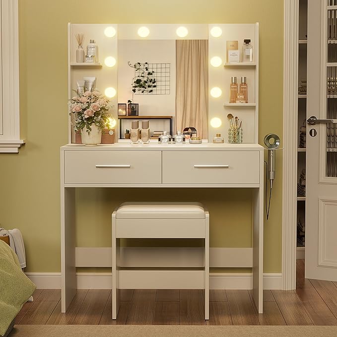 YESHOMY Vanity Desk with Mirror, Makeup Table with 2 Large Drawers, Power Outlet and Round Holder, 3 Color Modes Adjustable Bulb, Bench Included, White