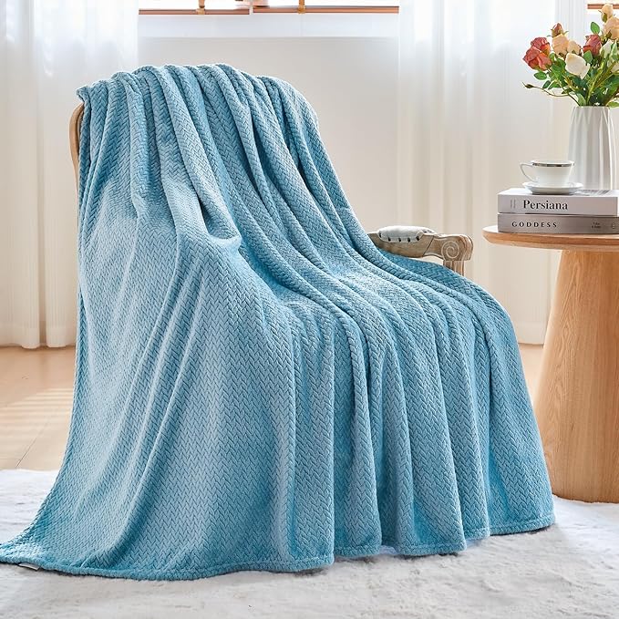 NEWCOSPLAY Super Soft King Blanket Light Blue Premium Silky Flannel Fleece Leaves Pattern Lightweight Bed Blanket All Season Use (Light Blue, King(90"x110"))