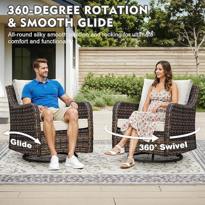 3 Pieces Patio Furniture Set with Swivel Chair, Outdoor Swivel Rocker with Washable Cushions & Tempered Glass Tabletop, Outdoor Rattan Conversation Set for Lawn Backyard Porch (Brown)