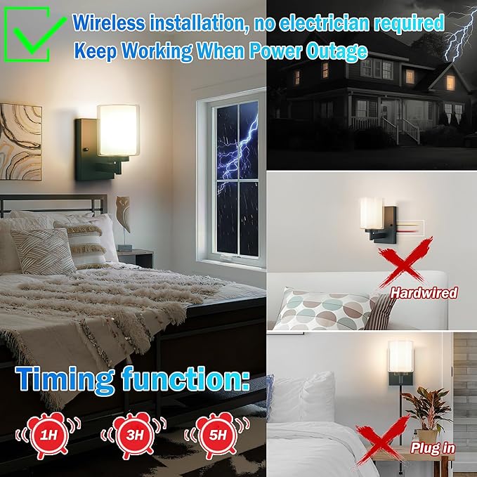 Battery Operated Wall Sconce Set Of 2, 10000mAh Wireless Rechargeable Wall Sconce With Remote Control, RGB Dimmable Bathroom Light Fixtures With Double Clear Glass Shade For Mirror Bedroom Living Room