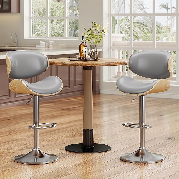 Bar Stools Set of 2, Bentwood Adjustable Height Swivel Bar Stools, PU Leather Upholstered Bar Chair with Back and Footrest for Bar, Kitchen, Grey