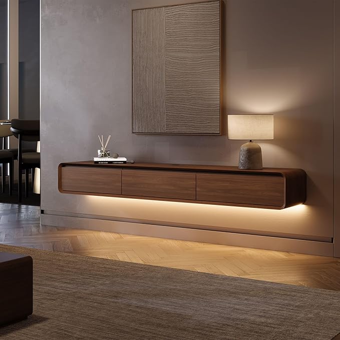 POVISON Fully Assembled Floating TV Stand with LED Lights, Modern Wall-Mounted Media Console with 3 Flip-Down Cabinet Doors, Floating Entertainment Center for 75 Inch TV