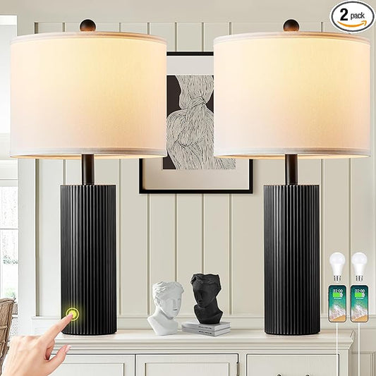 24.5" Black Lamps Set of 2, Modern Table Lamps for Living Room with USB C+A Ports, Creative Stripe Touch Lamps for Nightstand, 2 Bulbs Included