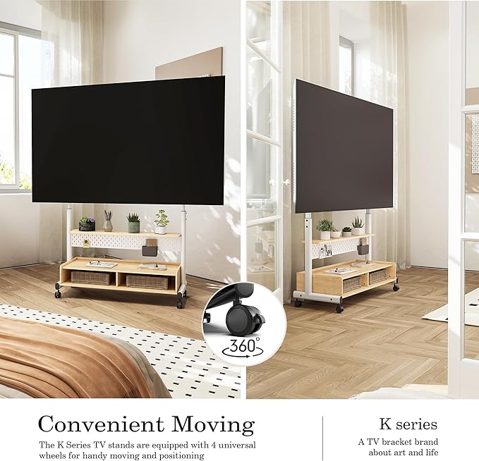 FITUEYES Rolling TV Stand Mount for 70 to 100 Large TV Screens，Mobile TV Floor Stand on Wheels with Ample Storage Pegboard & Wooden Shelf, Rolling TV Cart Hold up to 176 lbs, Max VESA 850 x 600