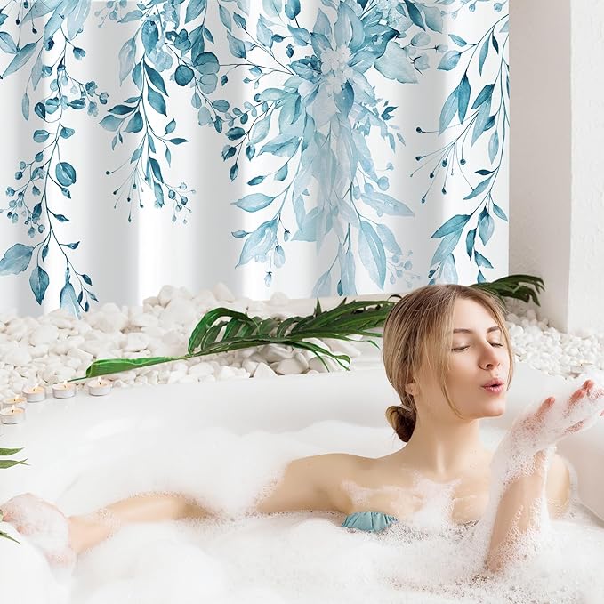 Gibelle Spa Blue Eucalyptus Shower Curtain, Watercolor Plant Leaves with Floral Bathroom Shower Curtain Set with Hooks, 72x72